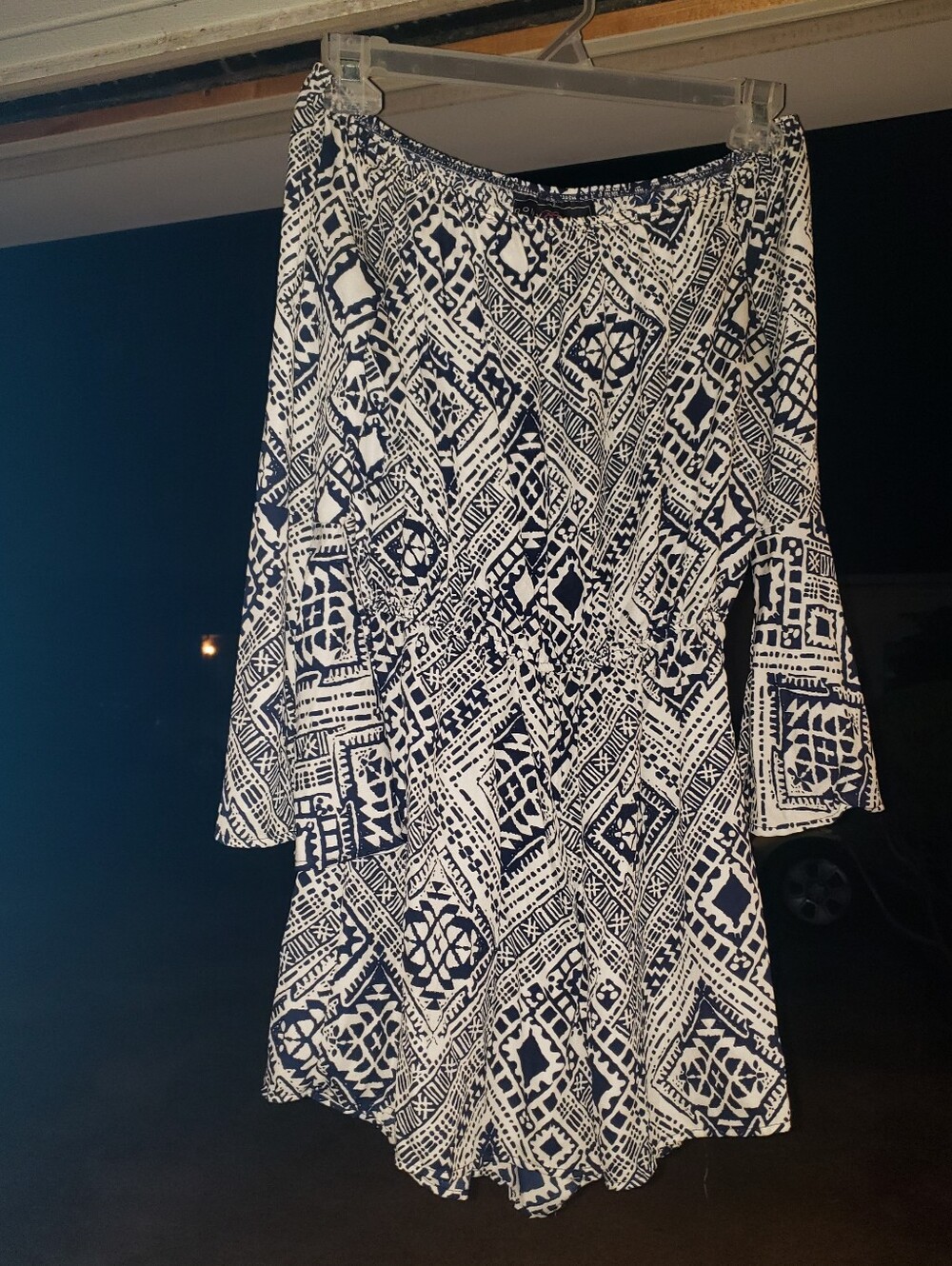 Dolly Esther Black & White Romper  Off Shoulder Elastic Geometric Tribal Patter
